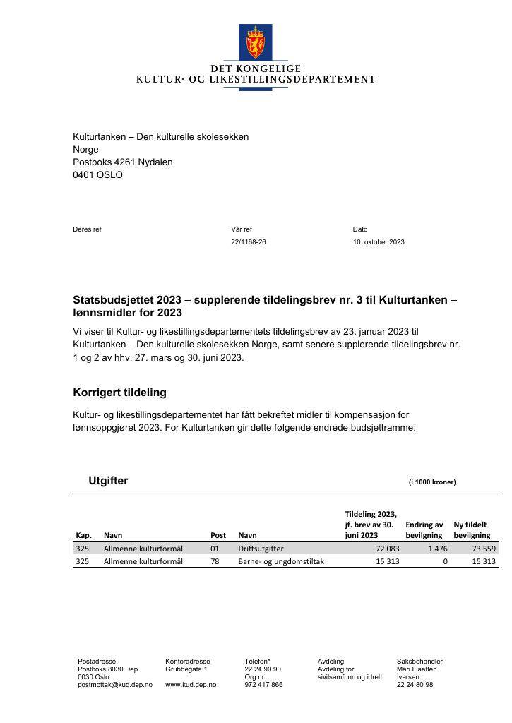 Forsiden av dokumentet Supplerende tildelingsbrev nr. 3 2023 (.pdf)