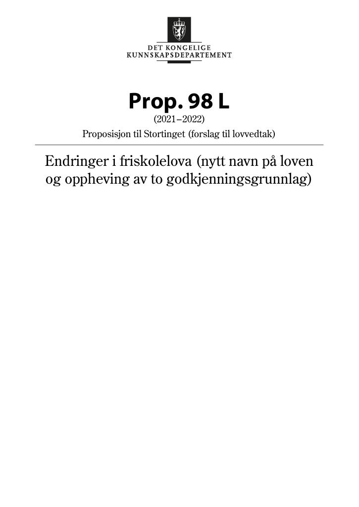 Forsiden av dokumentet Prop. 98 L (2021–2022)