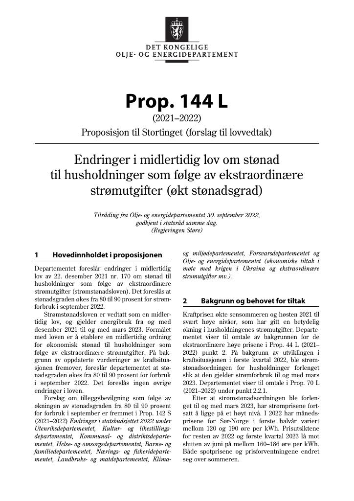 Forsiden av dokumentet Prop. 144 L (2021–2022)
