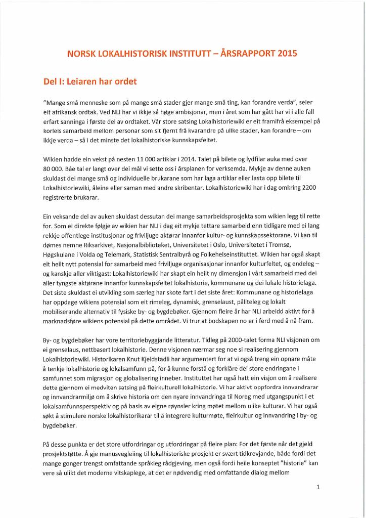 Forsiden av dokumentet Årsmelding Norsk lokalhistorisk institutt 2014