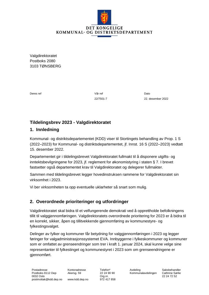 Forsiden av dokumentet Tildelingsbrev Valgdirektoratet 2023