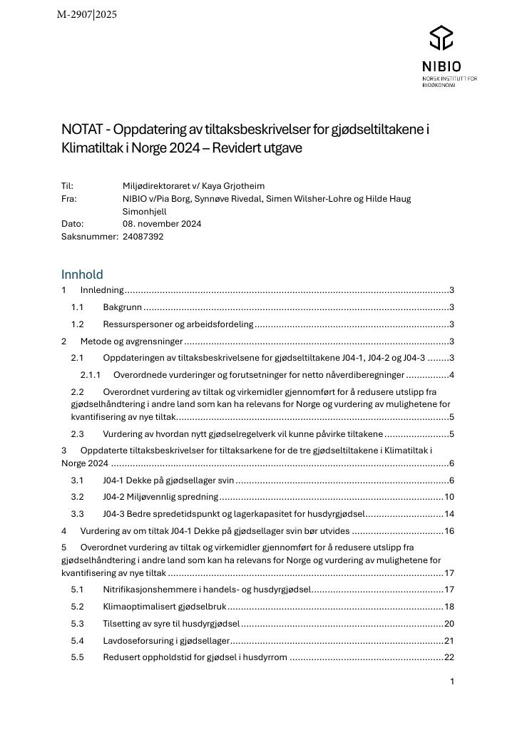 Forsiden av dokumentet Oppdatering av tiltaksbeskrivelser for gjødseltiltakene i Klimatiltak i Norge 2024 : M-2907