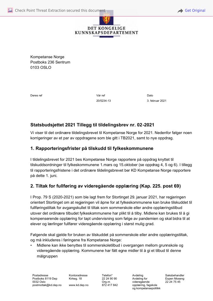 Forsiden av dokumentet Tillegg nr. 2 til tildelingsbrev 2021