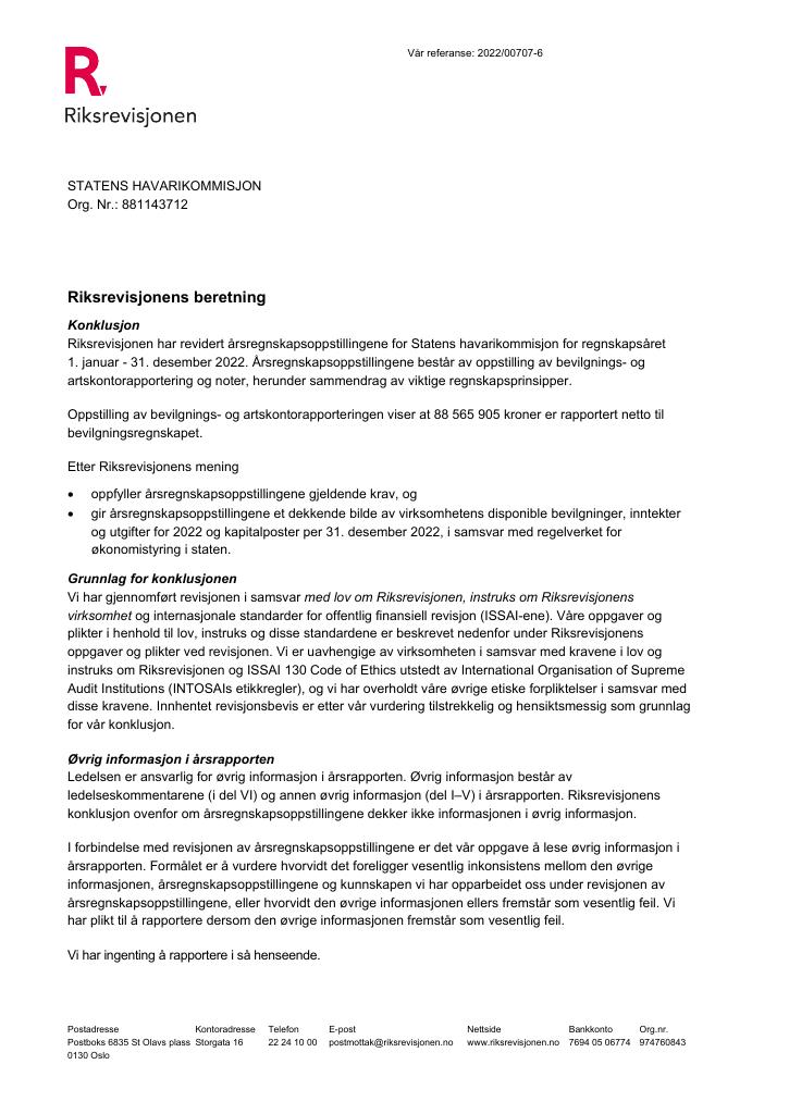 Forsiden av dokumentet Revisjonsberetning Statens havarikommisjon 2022