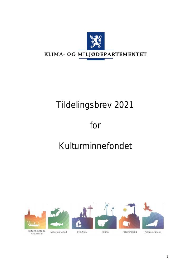 Forsiden av dokumentet Tildelingsbrev Kulturminnefondet 2021