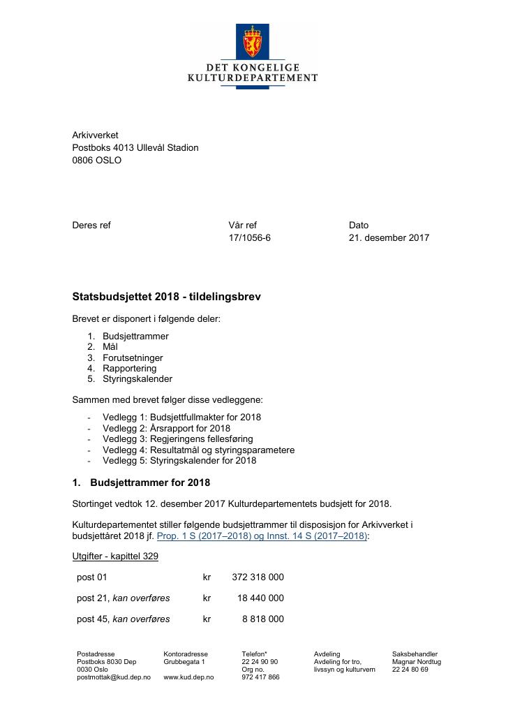 Forsiden av dokumentet Tildelingsbrev Arkivverket 2018