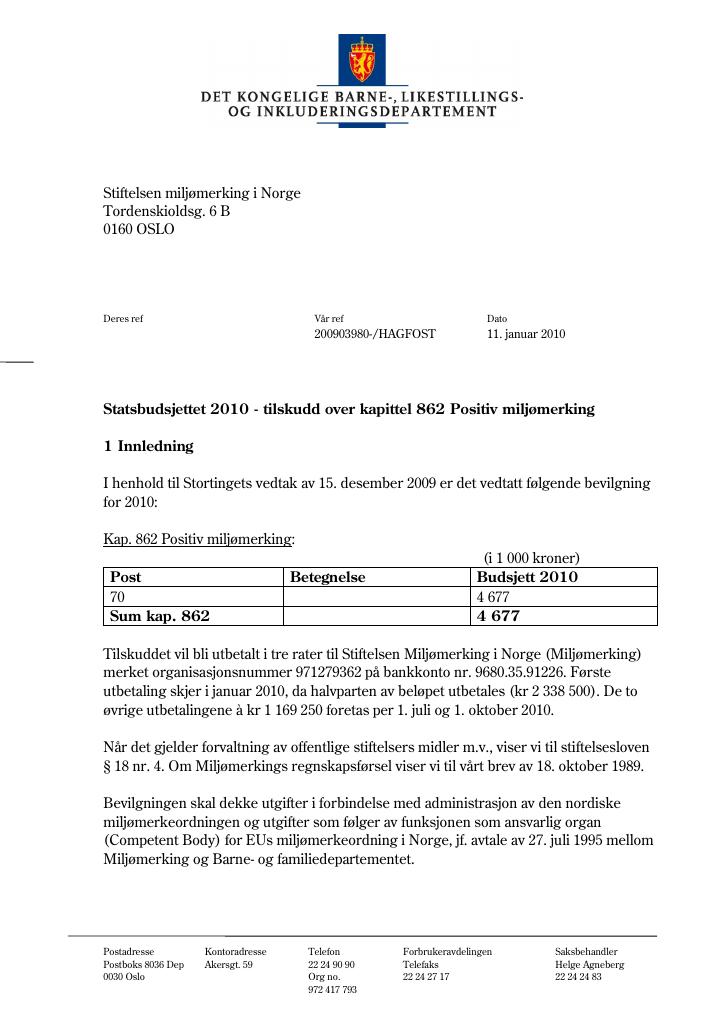 Forsiden av dokumentet Tildelingsbrev Stiftelsen miljømerking i Norge 2010