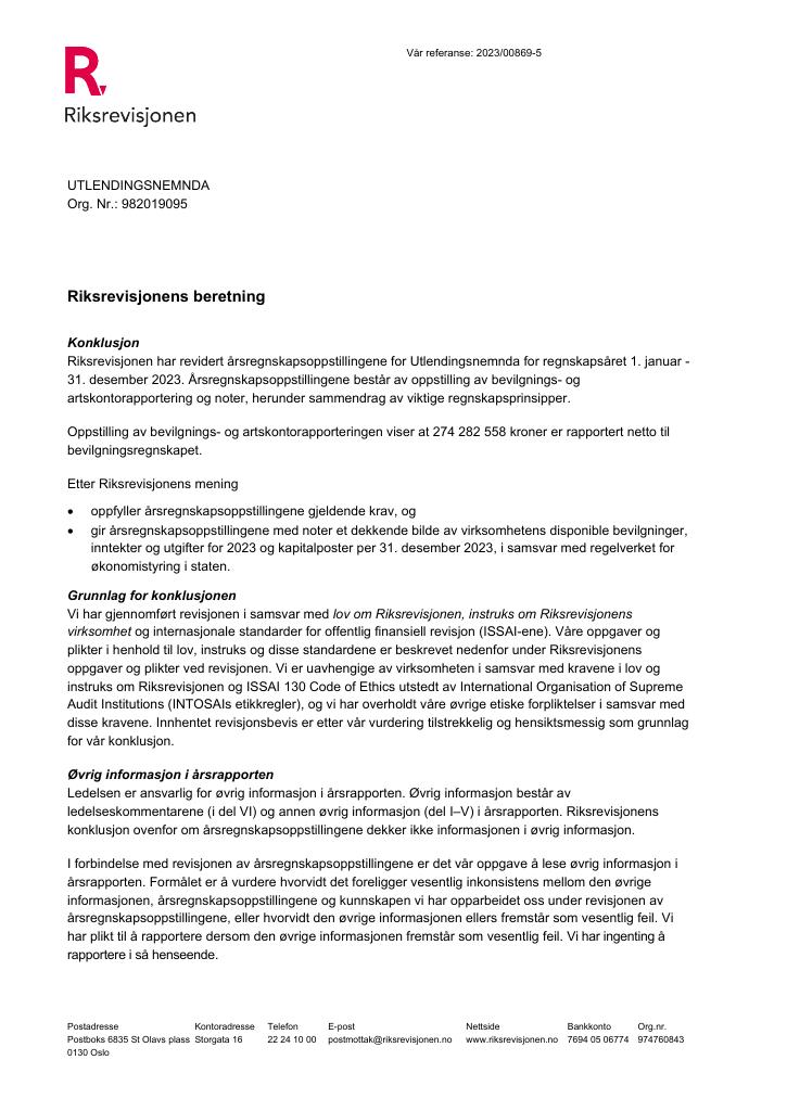 Forsiden av dokumentet Revisjonsberetning Utlendingsnemnda 2023