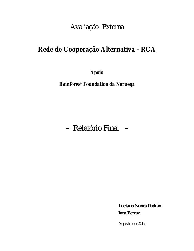 Forsiden av dokumentet Alternative Co-operation Network (Rede de Cooperação Alternativa - RCA)