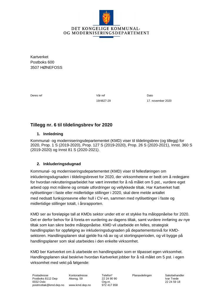 Forsiden av dokumentet Tildelingsbrev Kartverket 2020 - tillegg nr. 6