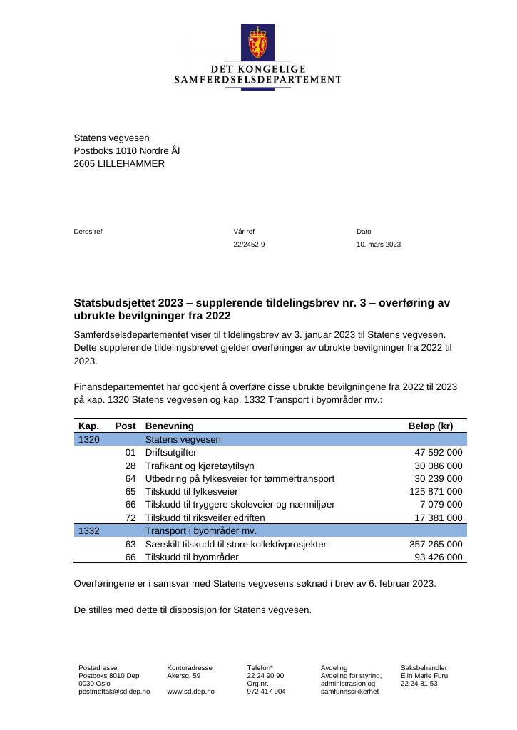 Forsiden av dokumentet Tildelingsbrev Statens vegvesen 2023 - tillegg nr. 3