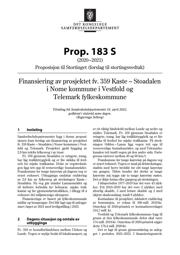 Forsiden av dokumentet Prop. 183 S (2020–2021)