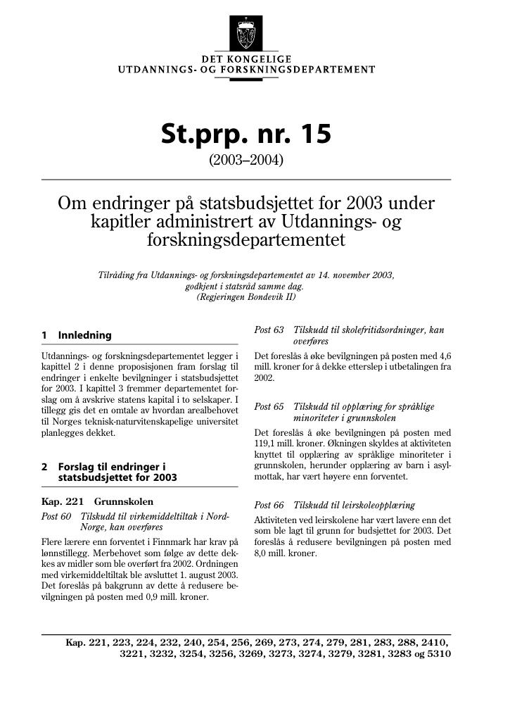 Forsiden av dokumentet St.prp. nr. 15 (2003-2004)