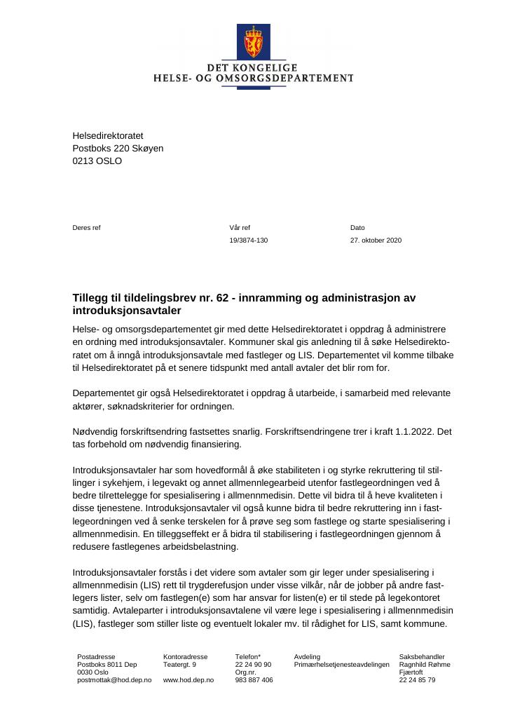 Forsiden av dokumentet Tildelingsbrev Helsedirektoratet 2020 -tillegg nr. 62