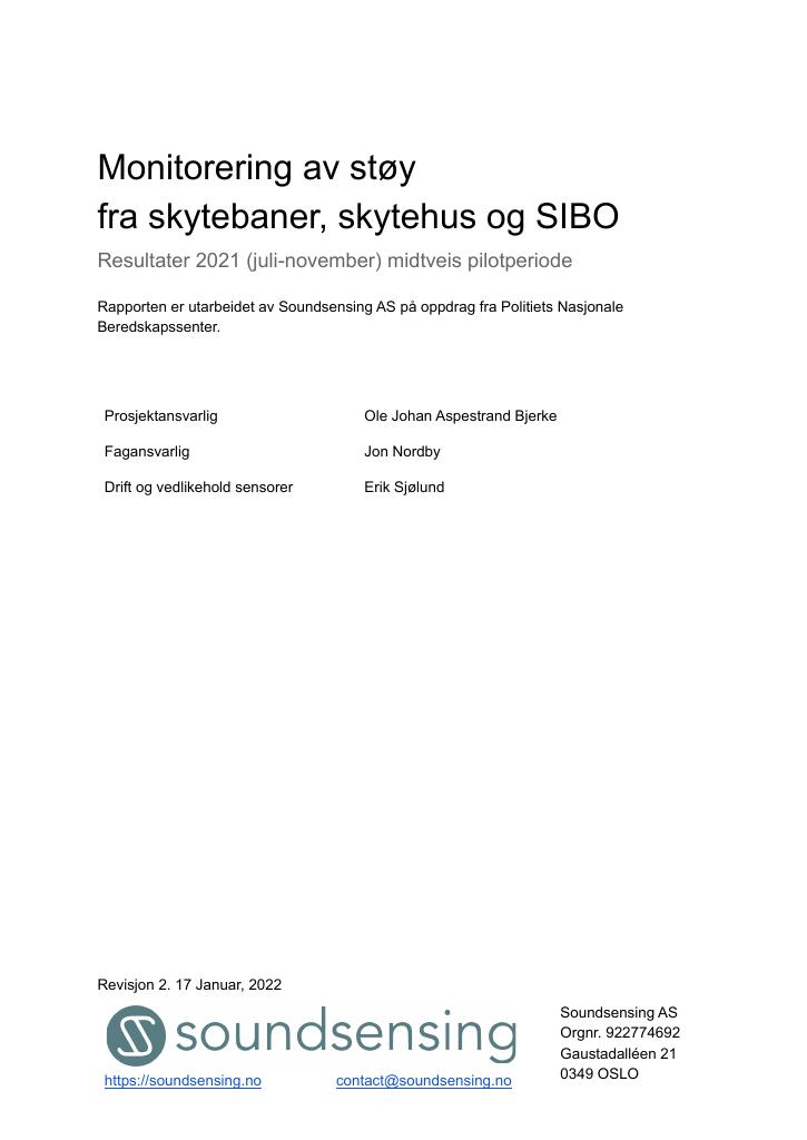 Forsiden av dokumentet Vedlegg 8 Monitorering av støy fra skytebaner, skytehus og SIBO, Soun...