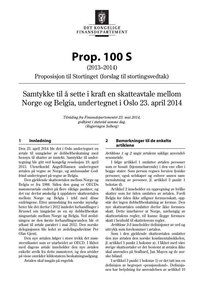 Forsiden av dokumentet Prop. 100 S (2013–2014)