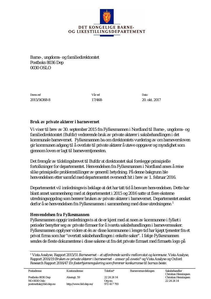 Forsiden av dokumentet Bruk av private aktører i barnevernet.