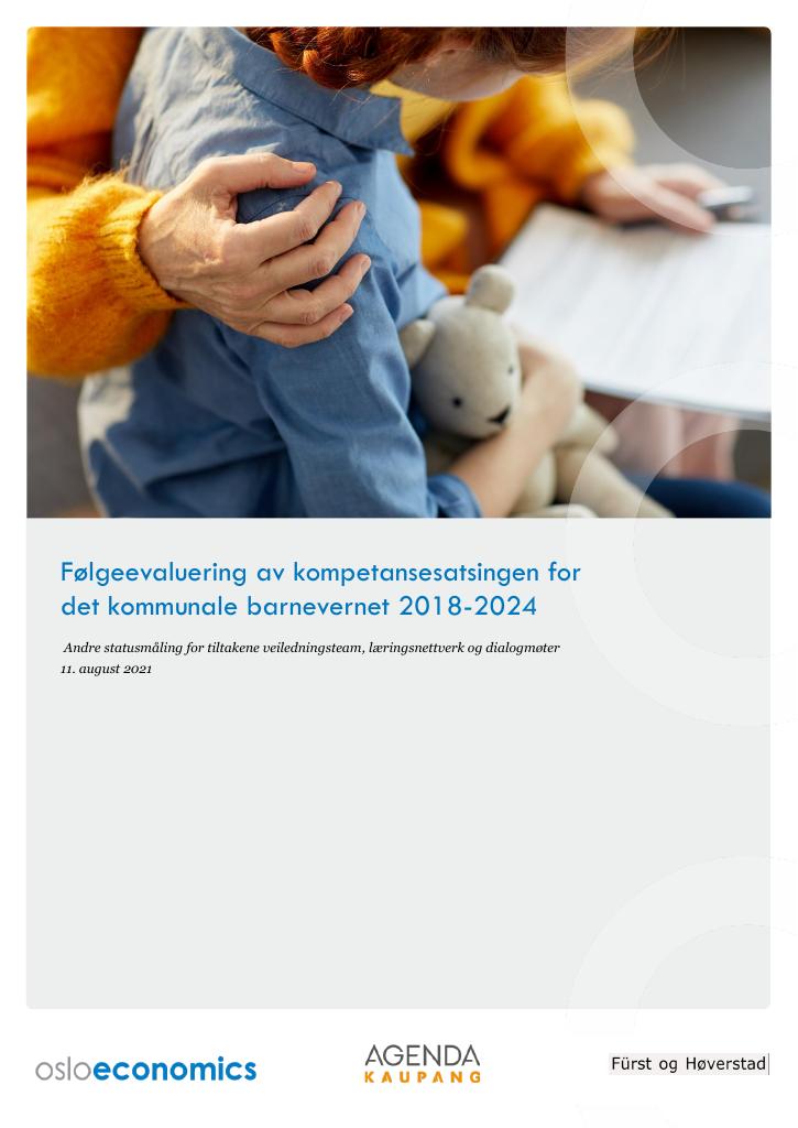 Forsiden av dokumentet Følgeevaluering av kompetansesatsingen for det kommunale barnevernet 2018-2024. Andre statusmåling for tiltakene veiledningsteam, læringsnettverk og dialogmøter