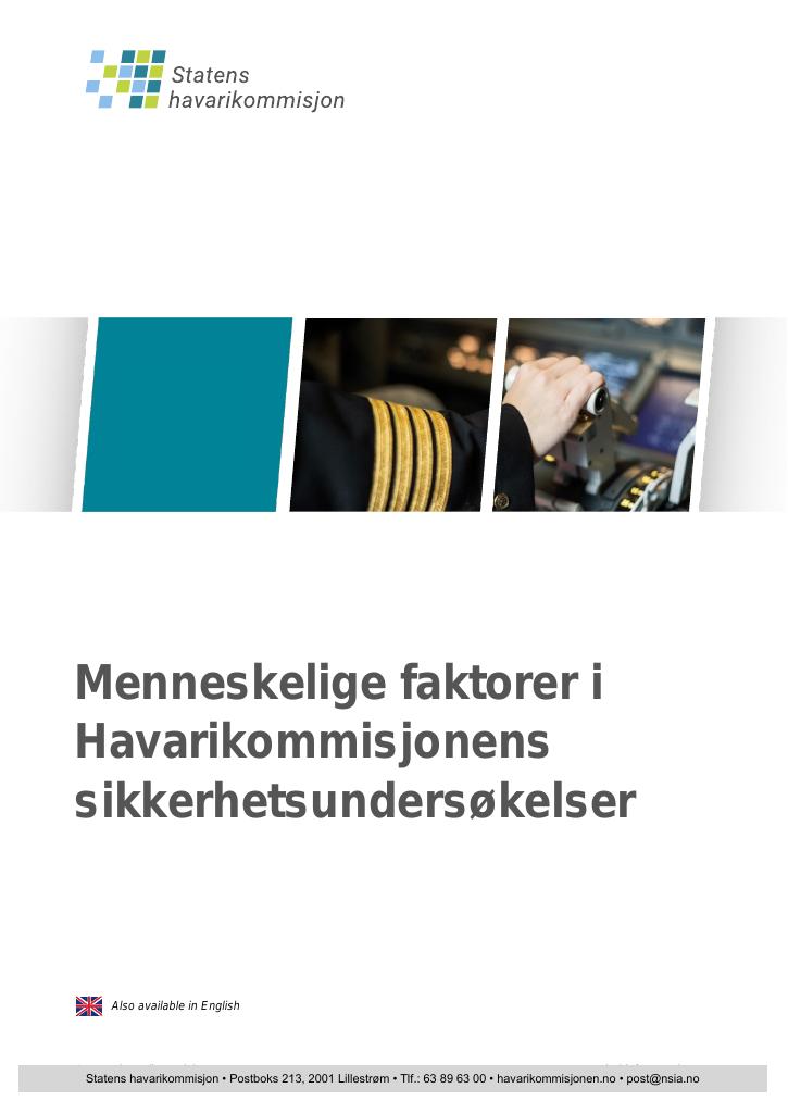 Forsiden av dokumentet Menneskelige faktorer i Havarikommisjonens undersøkelser