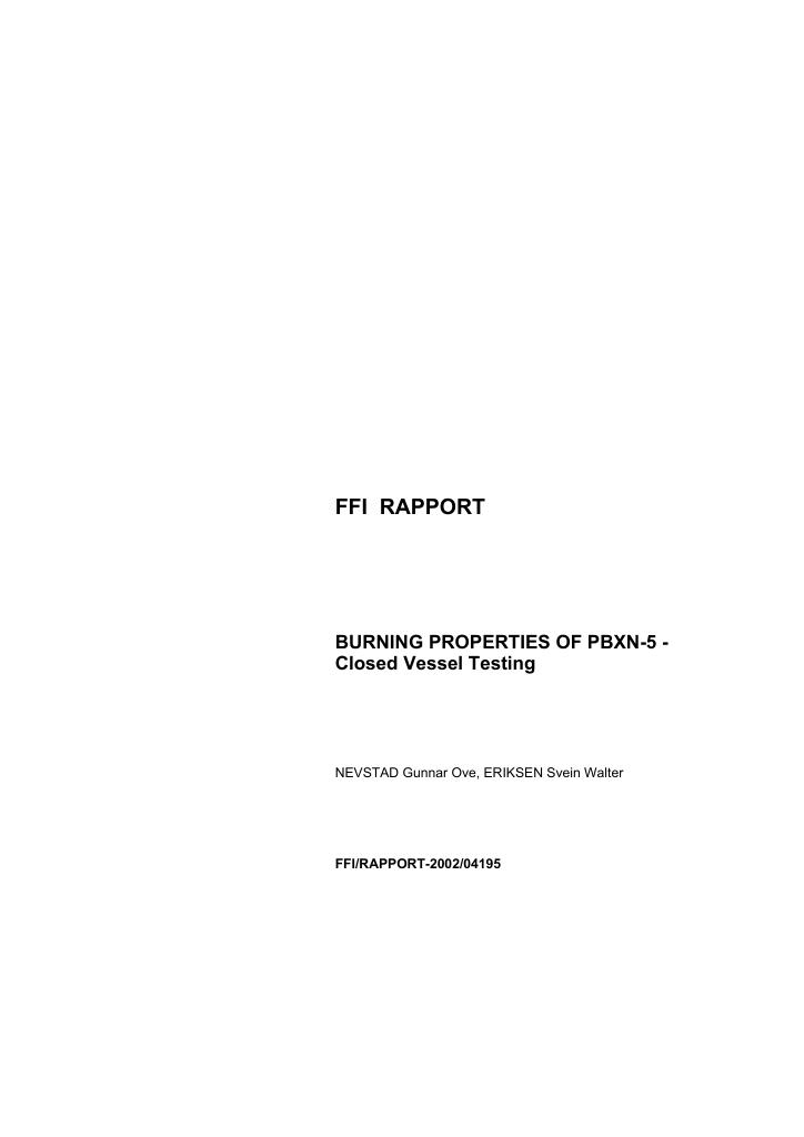 Forsiden av dokumentet Burning properties of PBXN-5 - closed vessel testing