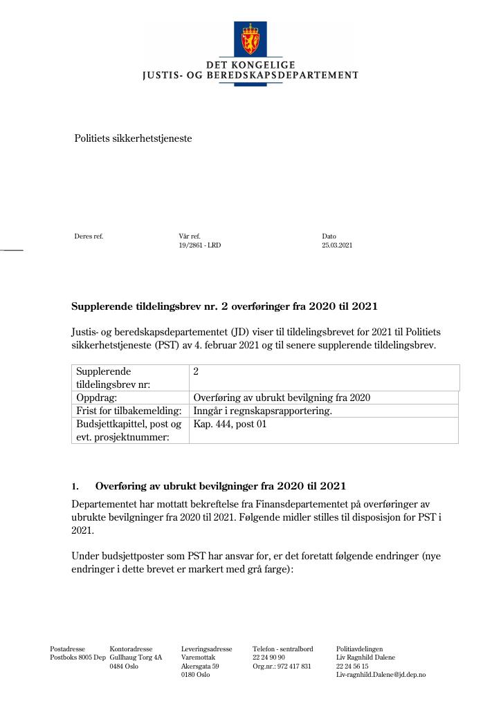 Forsiden av dokumentet Tildelingsbrev Politidirektoratet 2021 - tillegg nr. 2