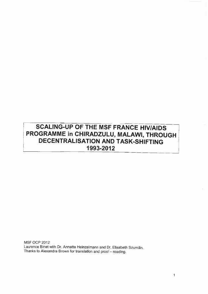 Forsiden av dokumentet Scaling-up the MSF France HIV/Aids programme in Chiradzulu, Malawi, through decentralization and task-shifting 1993-2012