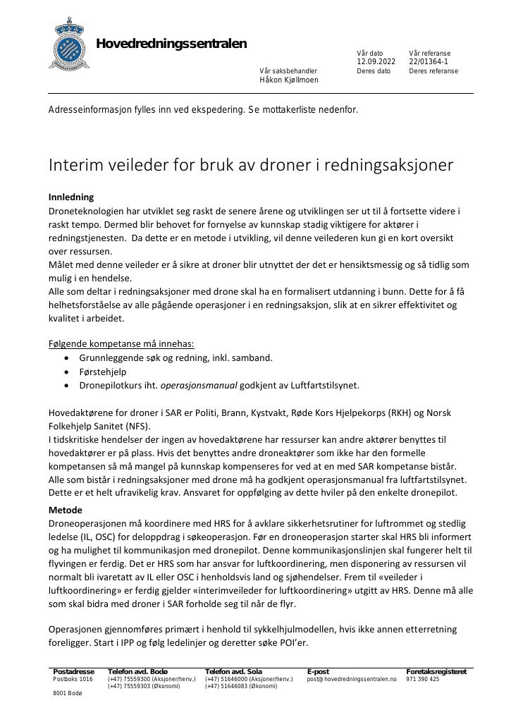 Forsiden av dokumentet Interim veileder for bruk av droner i redningsaksjoner