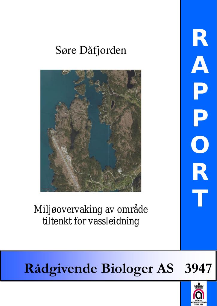Forsiden av dokumentet Søre Dåfjorden. Miljøovervaking av område tiltenkt for vassleidning