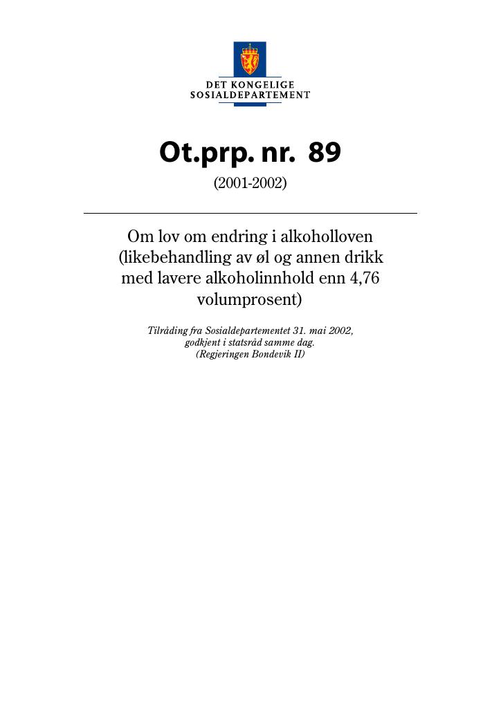 Forsiden av dokumentet Ot.prp. nr. 89 (2001-2002)