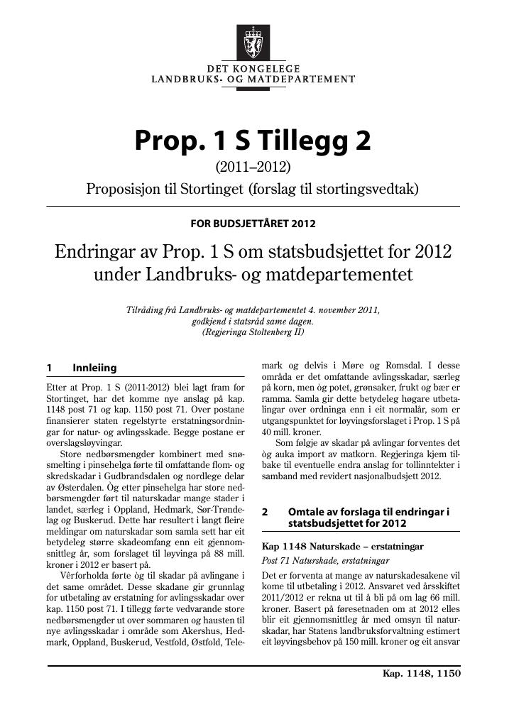 Forsiden av dokumentet Prop. 1 S Tillegg 2 (2011–2012)