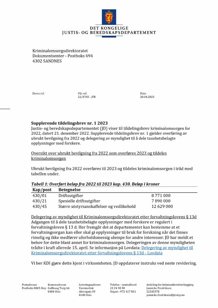 Forsiden av dokumentet Tildelingsbrev Kriminalomsorgen 2023 - tillegg nr. 1