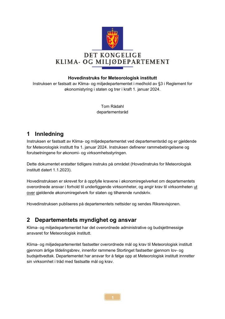 Forsiden av dokumentet Hovedinstruks 2024