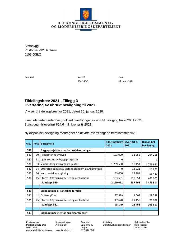 Forsiden av dokumentet Tildelingsbrev Statsbygg 2021 - tillegg nr. 3