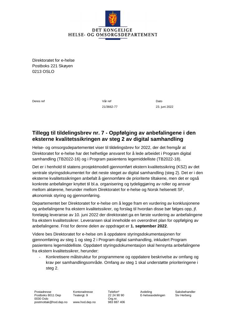 Forsiden av dokumentet Tildelingsbrev Direktoratet for e-helse 2022 - tillegg nr. 7