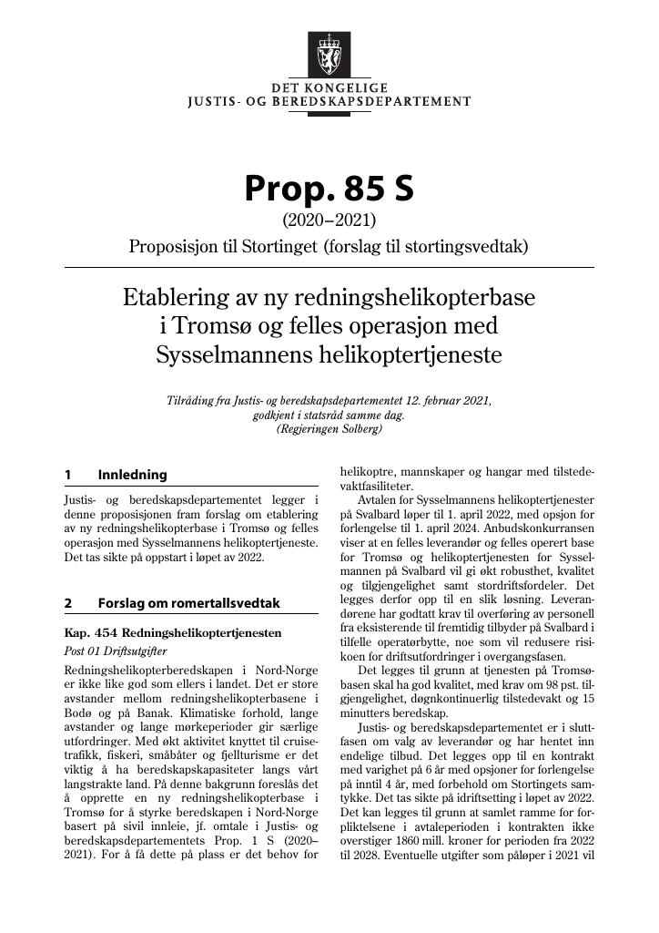 Forsiden av dokumentet Prop. 85 S (2020–2021)