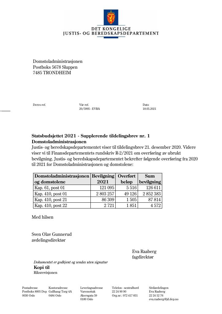 Forsiden av dokumentet Tildelingsbrev Domstoladministrasjonen 2021 - tillegg nr. 1