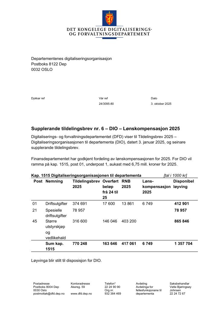 Forsiden av dokumentet Tildelingsbrev Departementenes digitaliseringsorganisasjon 2025 - tillegg nr. 6
