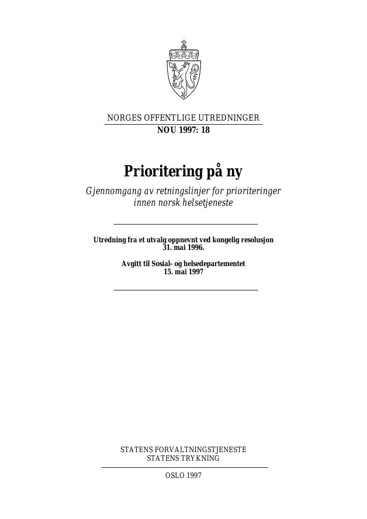 Forsiden av dokumentet NOU 1997: 18 - Prioritering på ny