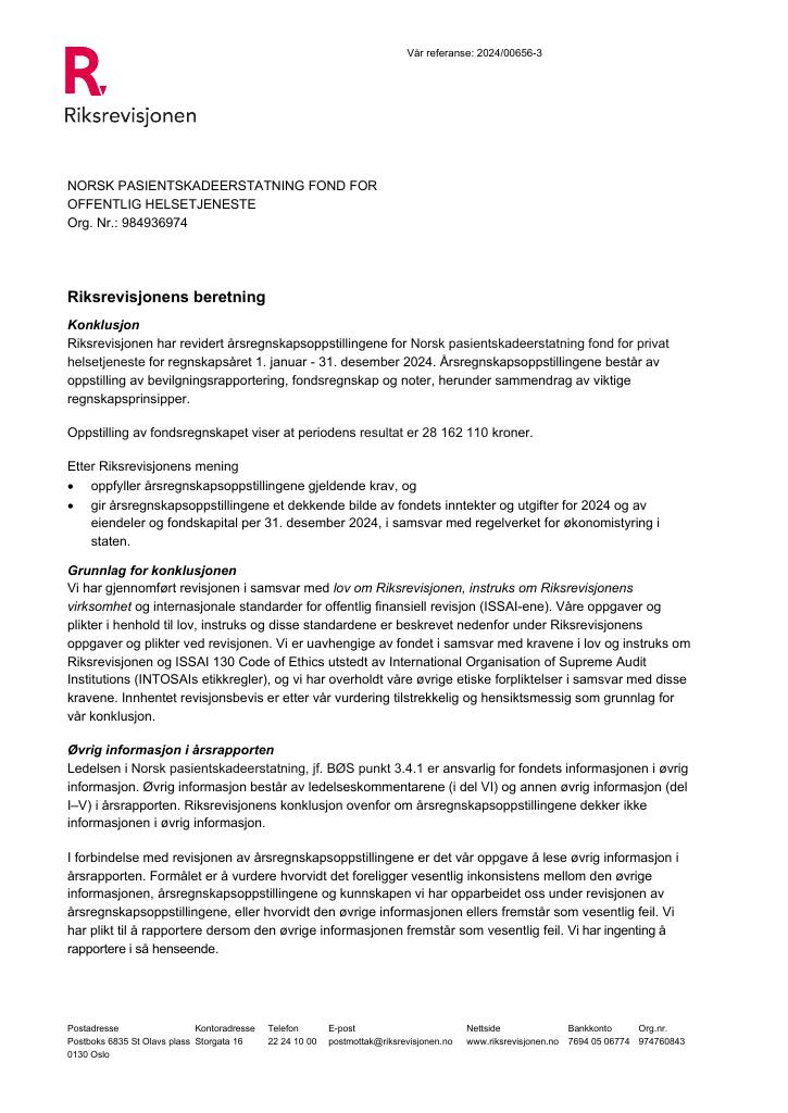 Forsiden av dokumentet Revisjonsberetning Norsk pasientskadeerstatning fond for offentlig helsetjeneste 2024