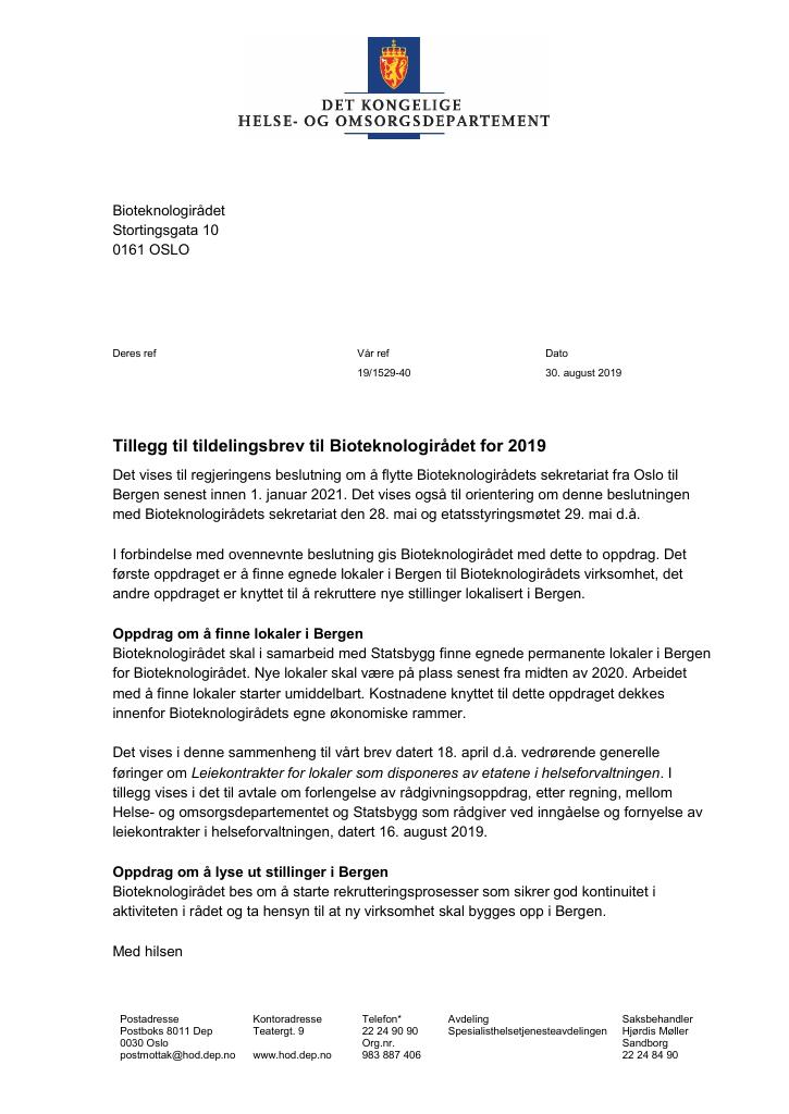 Forsiden av dokumentet Tildelingsbrev Bioteknologirådet 2019 - tillegg