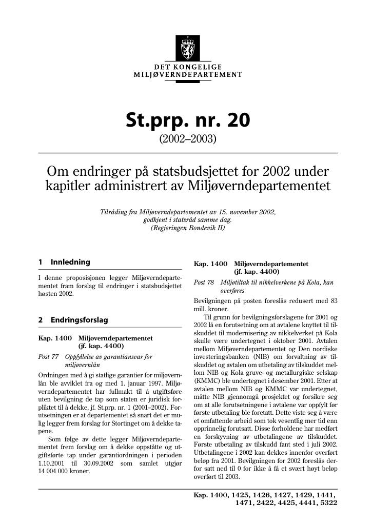 Forsiden av dokumentet St.prp. nr. 20 (2002-2003)