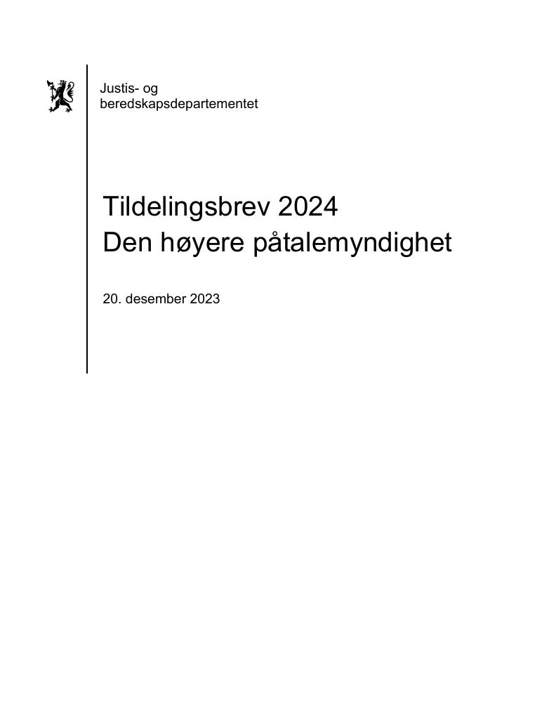 Forsiden av dokumentet Tildelingsbrev Riksadvokaten (Den høyere påtalemyndighet) 2024