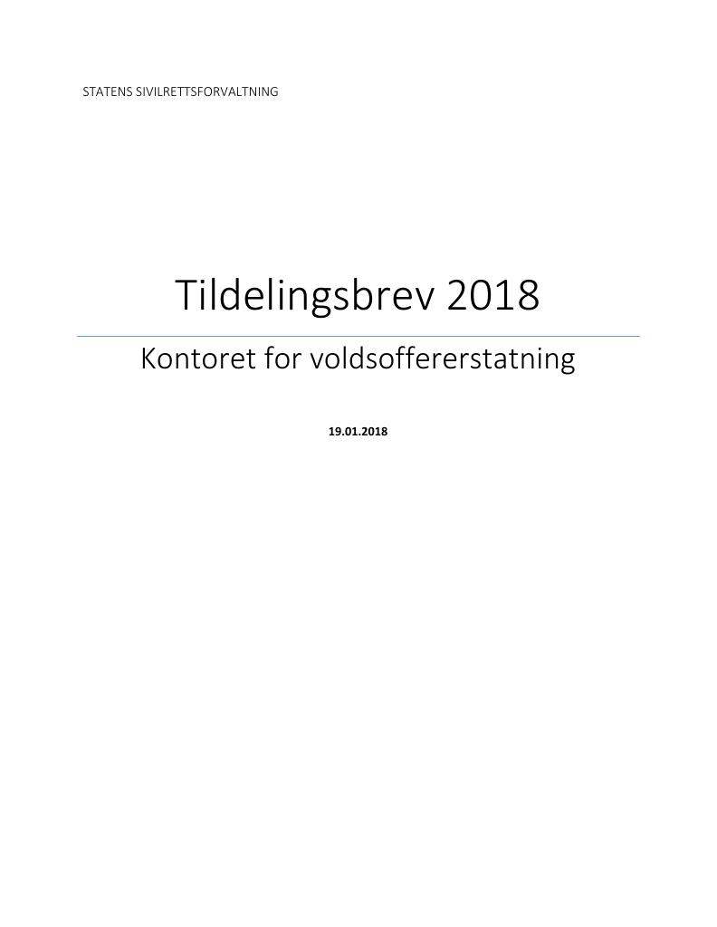 Forsiden av dokumentet Tildelingsbrev Kontoret for voldsoffererstatning 2018