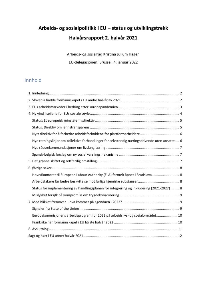 Forsiden av dokumentet Arbeids- og sosialpolitikk i EU – status og utviklingstrekk. Halvårsrapport 2. halvår 2021