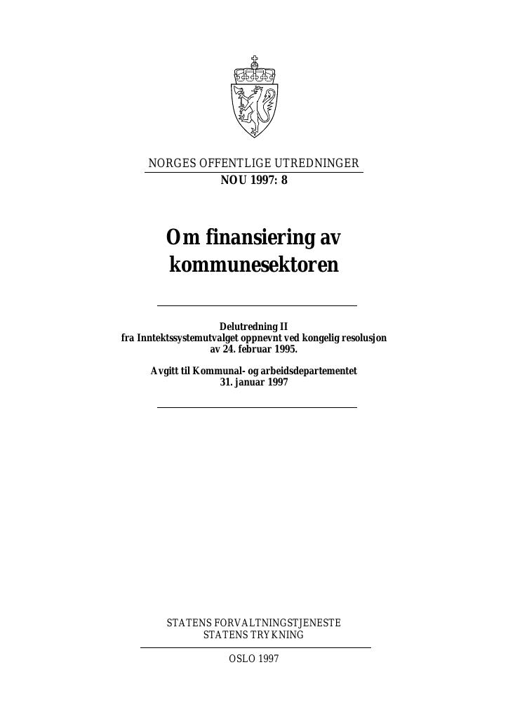 Forsiden av dokumentet NOU 1997: 8 - Om finansiering av kommunesektoren