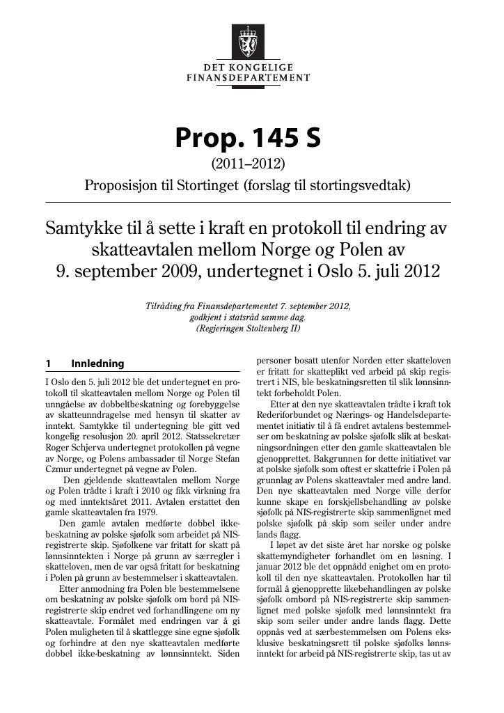 Forsiden av dokumentet Prop. 145 S (2011–2012)