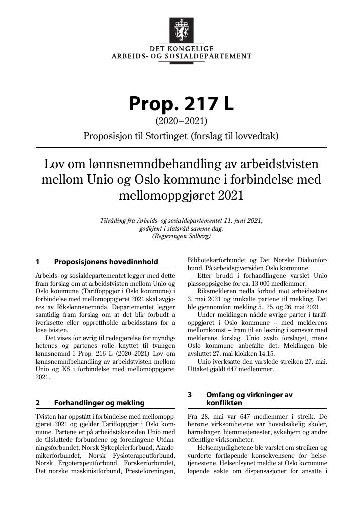 Forsiden av dokumentet Prop. 217 L (2020–2021)