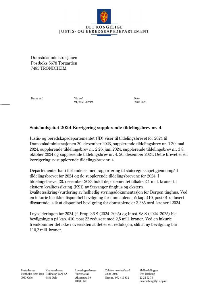 Forsiden av dokumentet Tildelingsbrev Domstoladministrasjonen 2024 - tillegg nr. 4