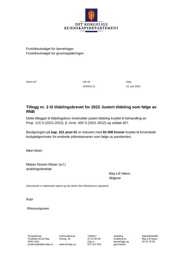 Forsiden av dokumentet Tildelingsbrev Foreldreutvalget for grunnopplæringen og Foreldreutvalget for barnehager 2022 - tillegg nr. 2