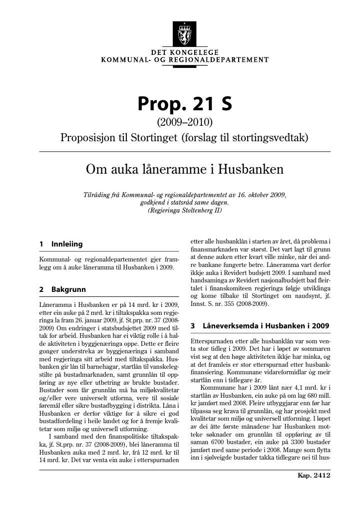 Forsiden av dokumentet Prop. 21 S (2009-2010)